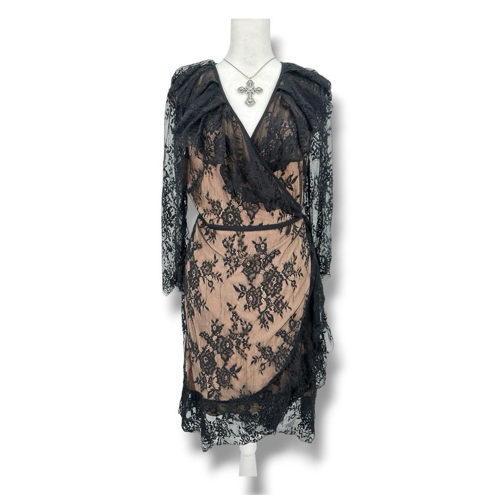 Francesca's Kaylee Lace Wrap Dress M Black Nude Ruffle Whimsygoth‎ Dark Fairy